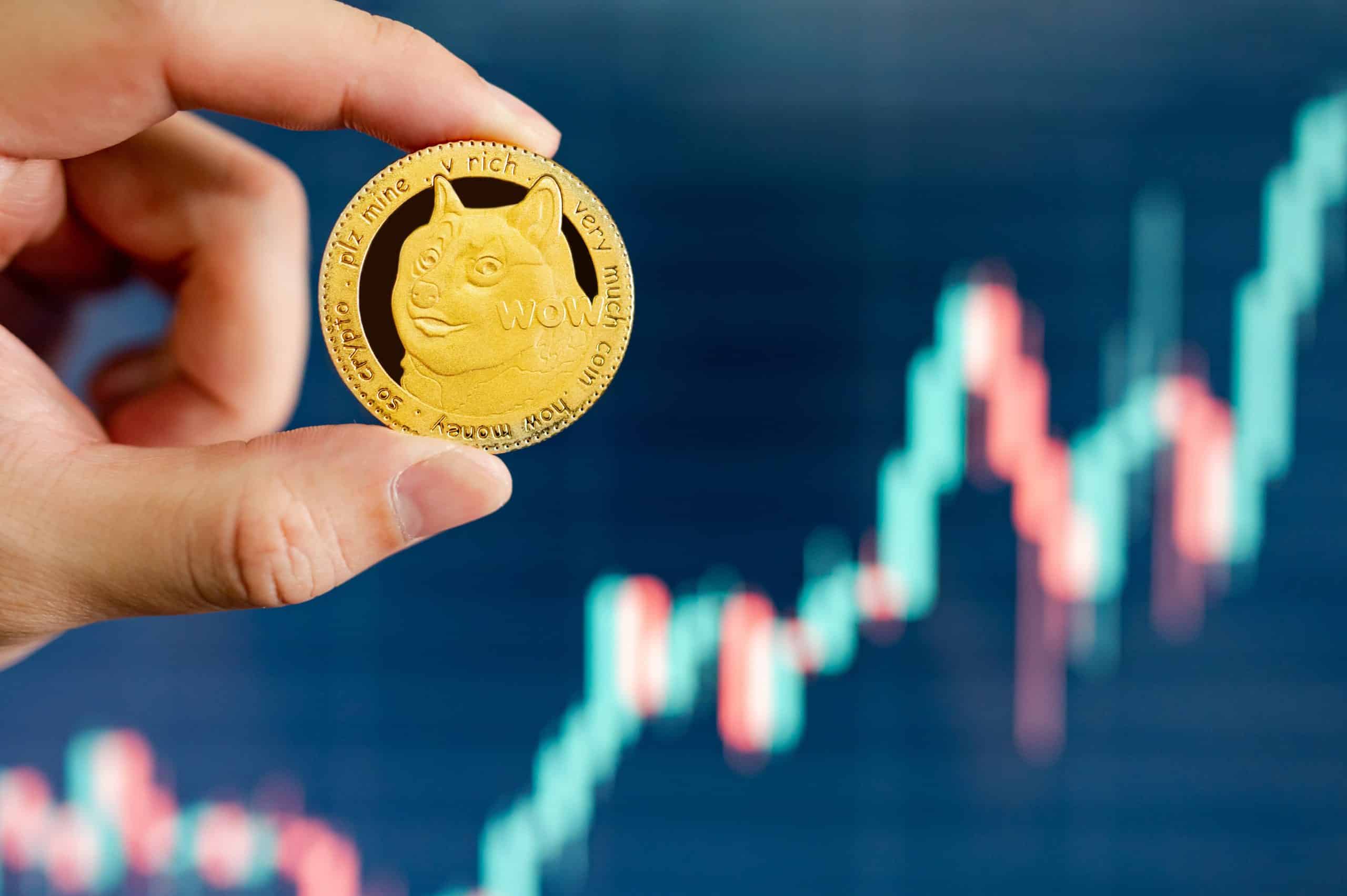 Dogecoin golden coin in front of a price chart