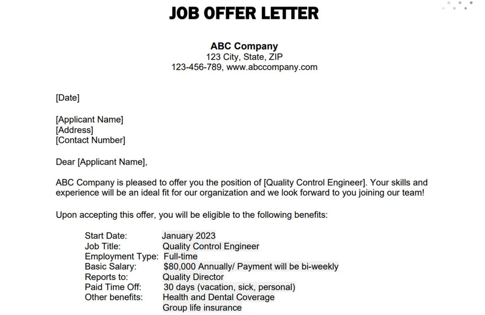 sample offer letter mentioning gross pay and benefits
