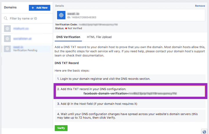 facebook ads domain verification screen