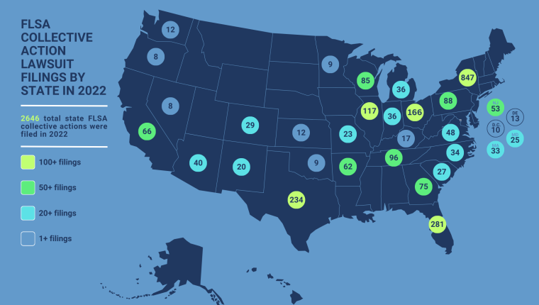map of US with numbers of FLSA class action lawsuits per state